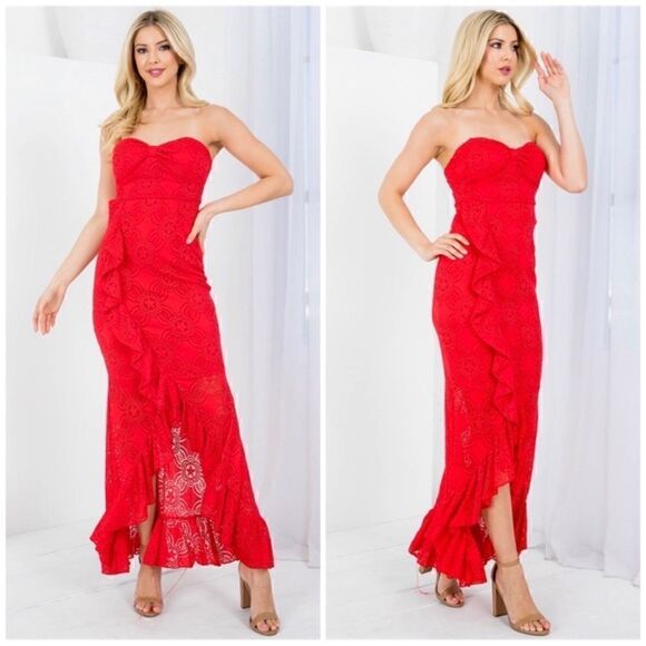 Lipstick Red Long Lace Formal Gown Strapless Flowy Maxi Dress - Picture 4 of 8